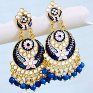Zorba Royal Blue Enamel Kundan Chandbali Earrings with Beads