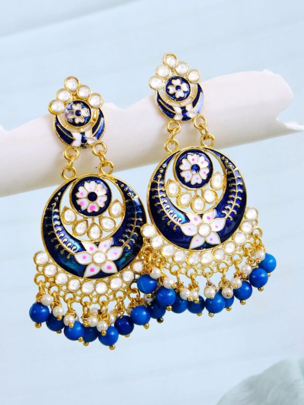 Zorba Royal Blue Enamel Kundan Chandbali Earrings with Beads