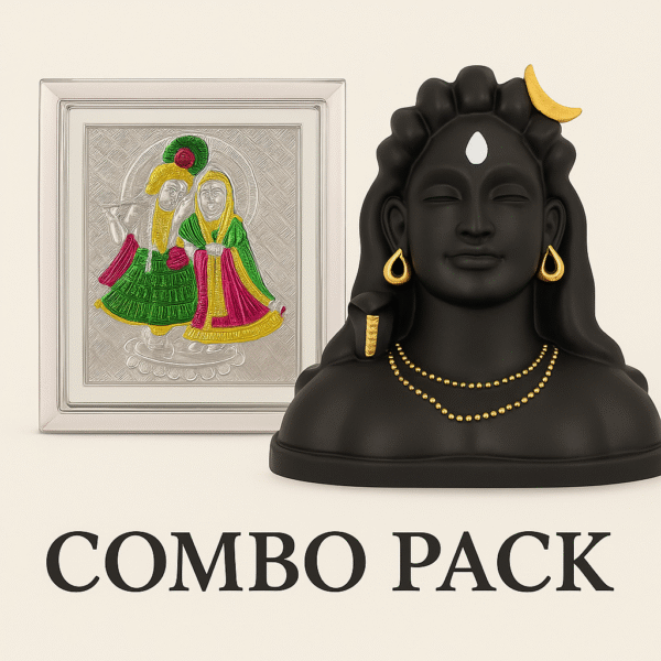 Adiyogi Shiva Idol & Radha Krishna Silver Frame – Premium Combo Pack